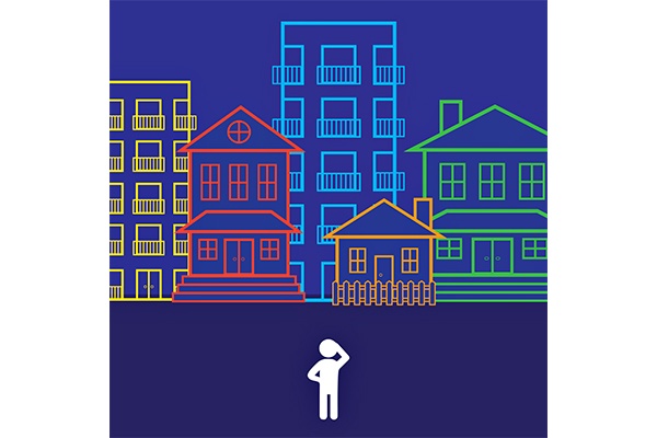 This is a graphic of a person standing in front of buildings.