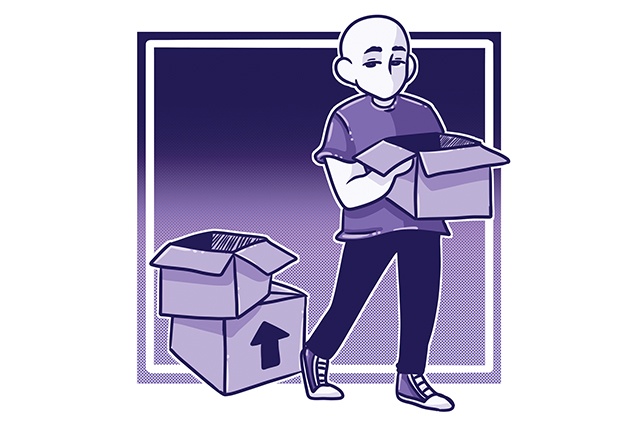 Drawing of person moving boxes.