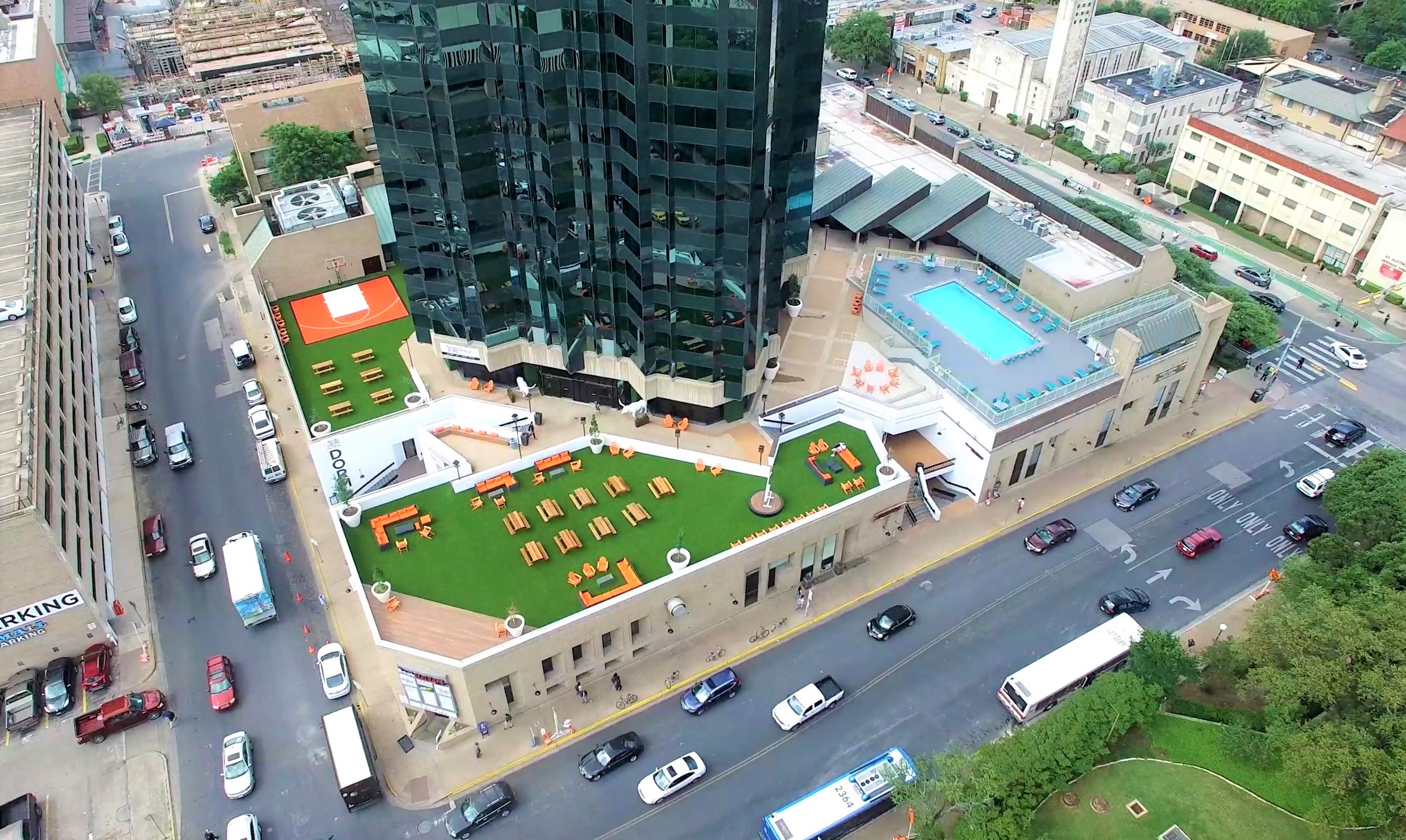 Aerial view of Dobie Twenty21 rooftop park and pool