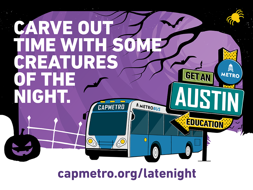 Halloween-themed illustration of a bus driving for Austin Capital Metro