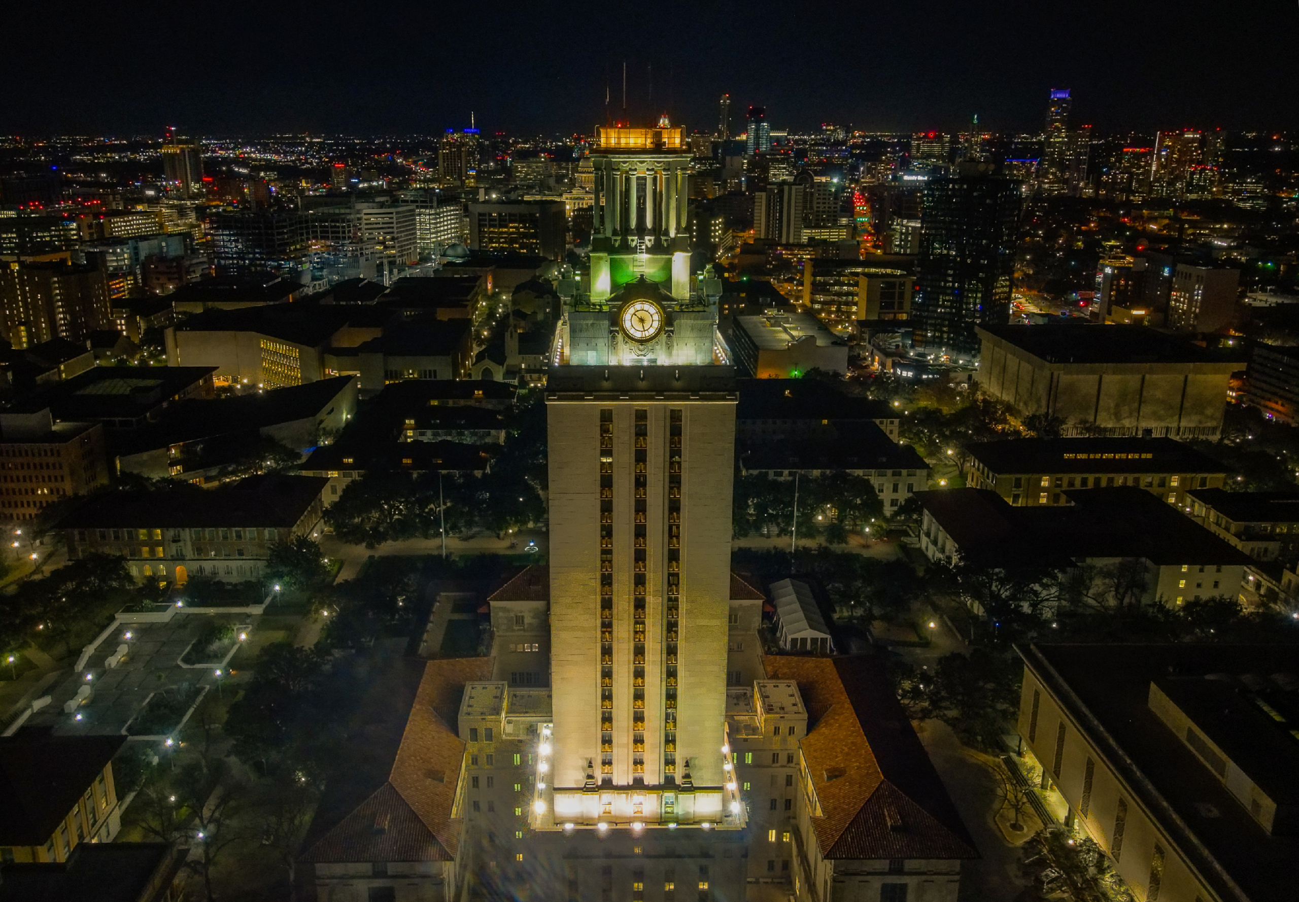 UT-Austin Tower lit up at night
