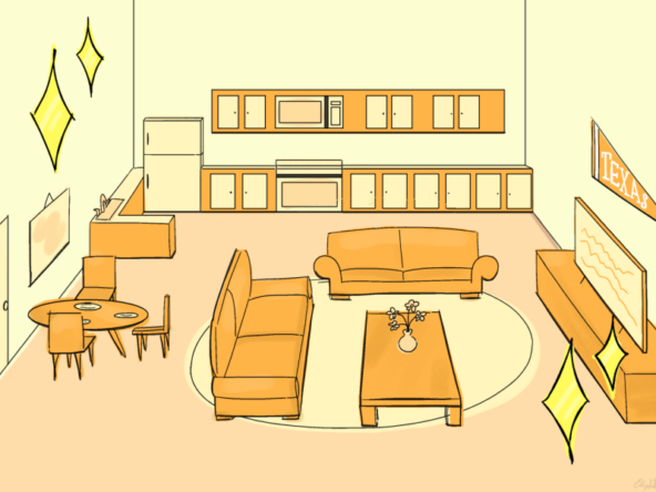 Graphic of living room and kitchen in a student apartment