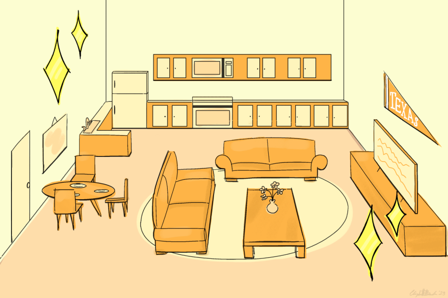 Graphic of living room and kitchen in a student apartment