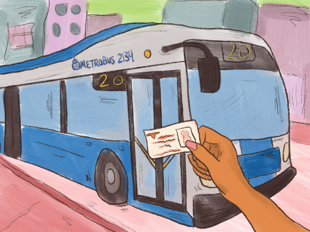 Illustration of a bus and a hand holding a UT ID