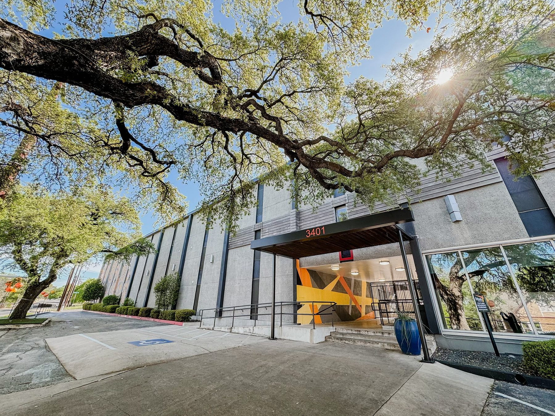 Apartment building exterior with live oak trees