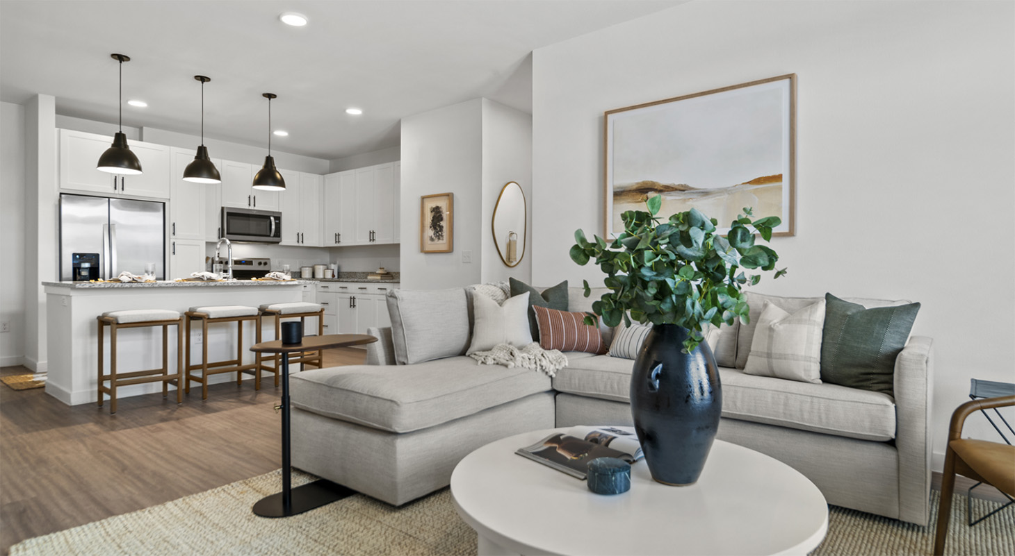 Modern apartment living room with open kitchen