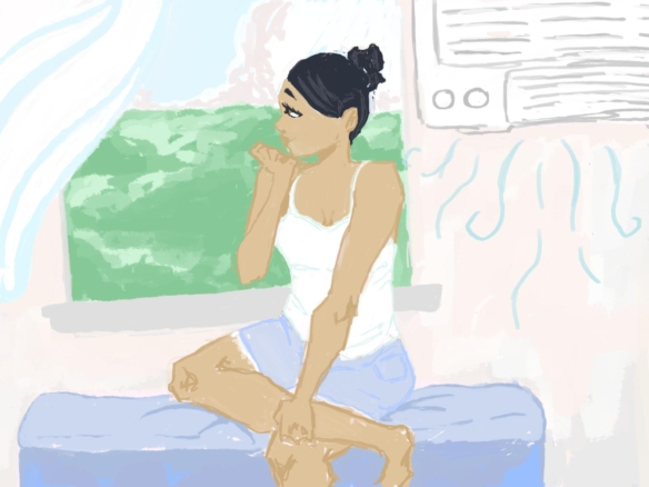 Illustration of student in room with air conditioner blowing