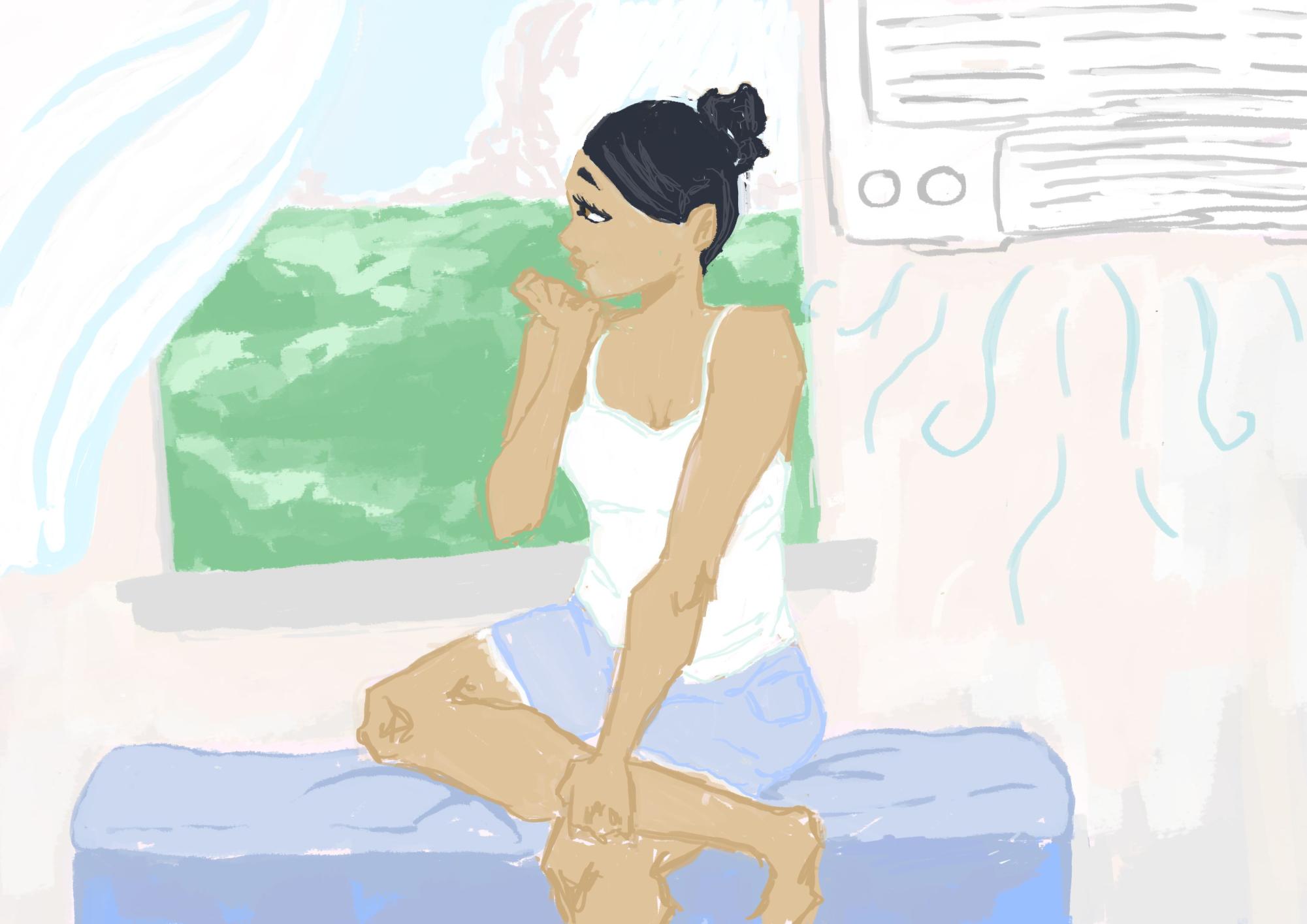 Illustration of student in room with air conditioner blowing