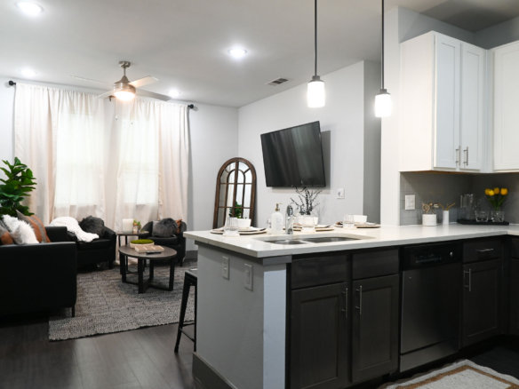 Apartment kitchen open to living area